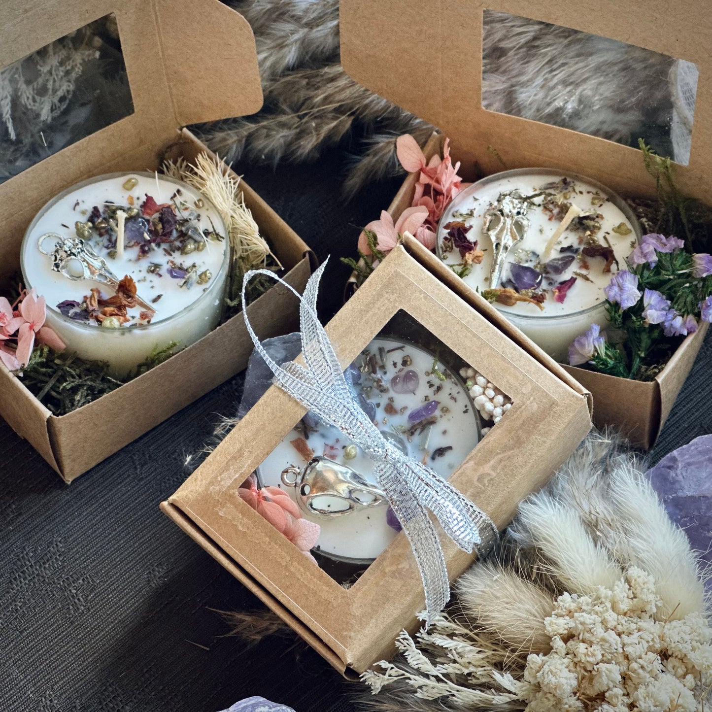 Kristall Amethyst Teelicht „Magic- Love“ Muttertags- Special in Geschenkbox mit Moos und Blüten