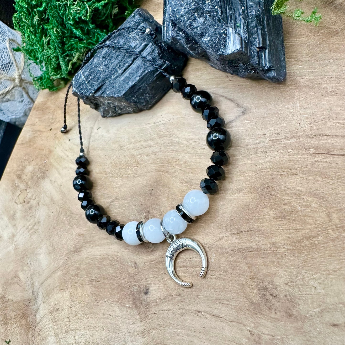 Schutz- & Mondkraft-Armband – Schwarzer Turmalin & Weißer Mondstein 🌙
