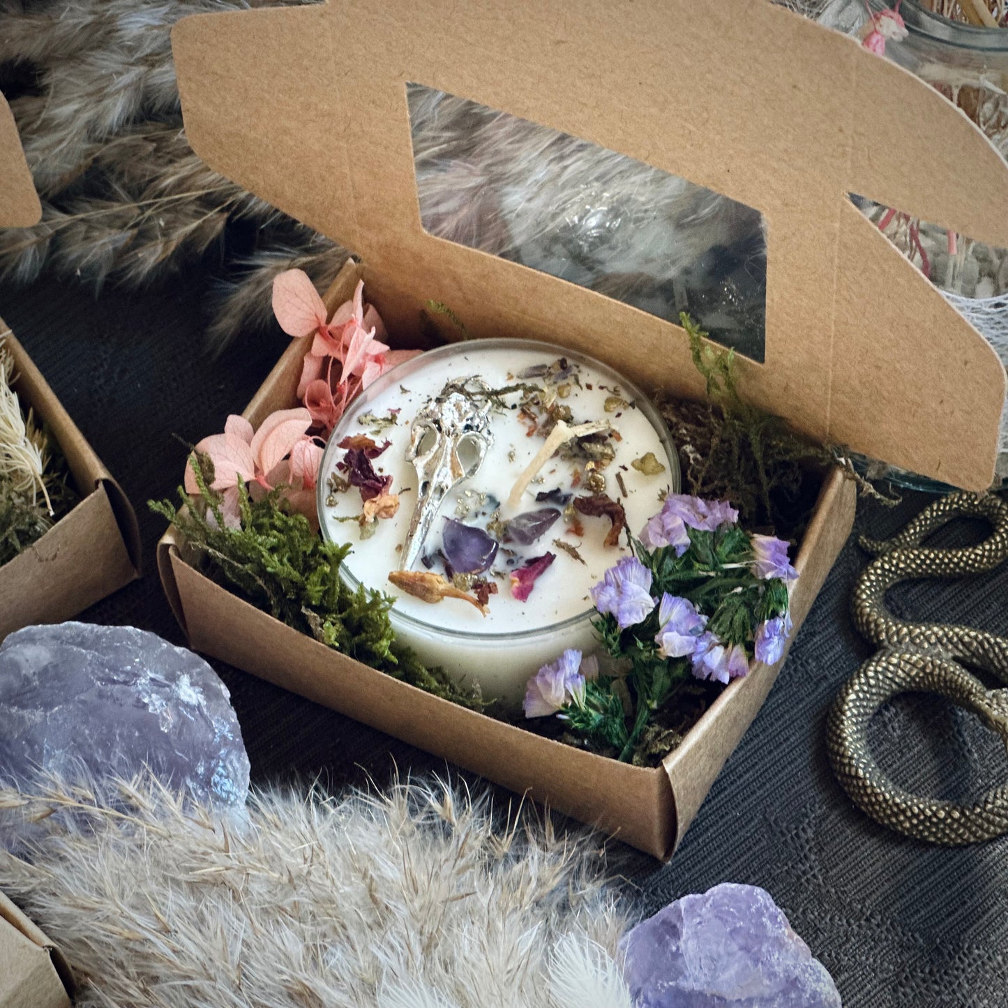 Kristall Amethyst Teelicht „Magic- Love“ Muttertags- Special in Geschenkbox mit Moos und Blüten