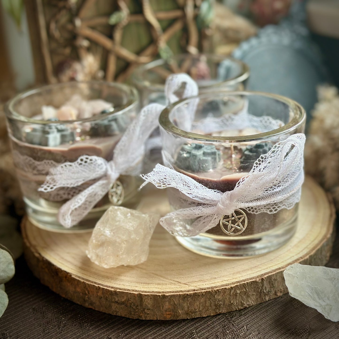 Kakao Zeremonie Rosenquarz Kristall Ritualkerze im Glas - Der Moment nur für Dich