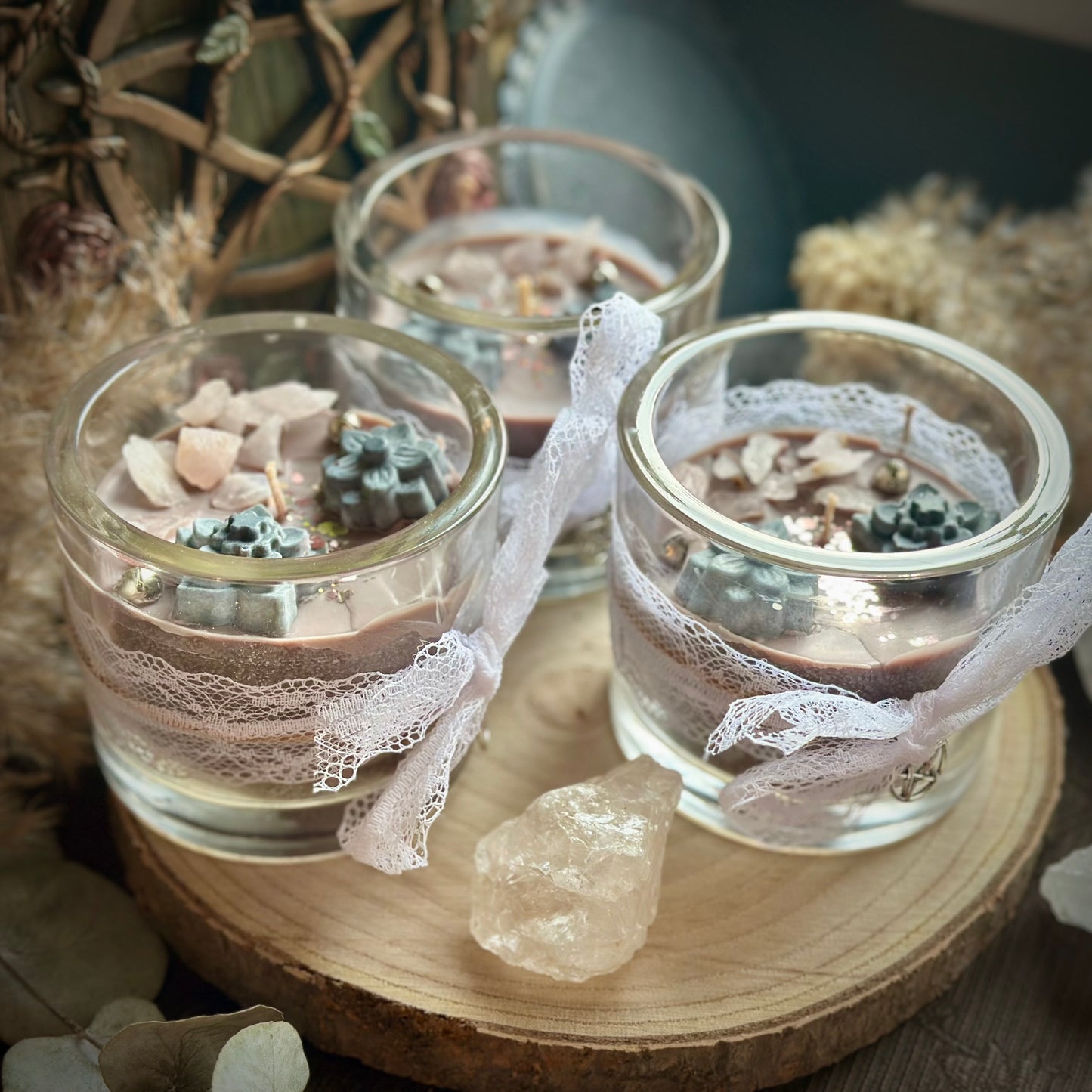 Kakao Zeremonie Rosenquarz Kristall Ritualkerze im Glas - Der Moment nur für Dich