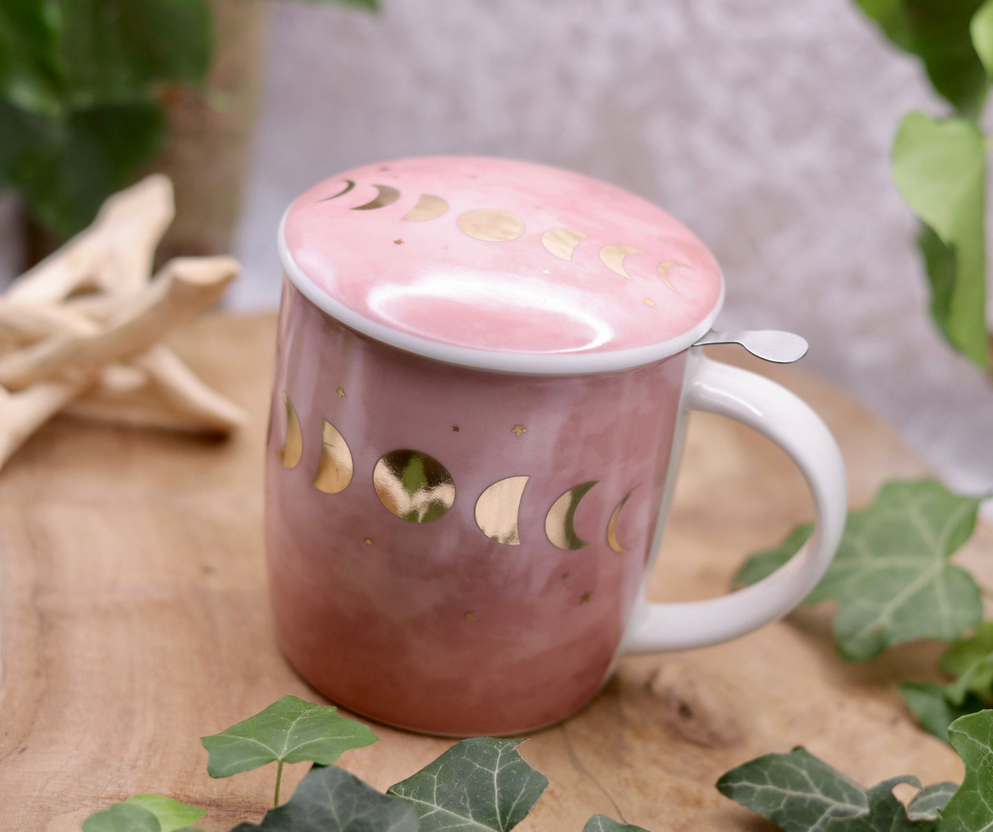 Mondphasen Teetasse mit Sieb und Deckel in altrosa Chenoas Zaubergarten