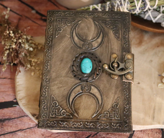Buch der Schatten / Hexenbuch Pentagramm mit Triple Moon und Türkis Chenoas Zaubergarten
