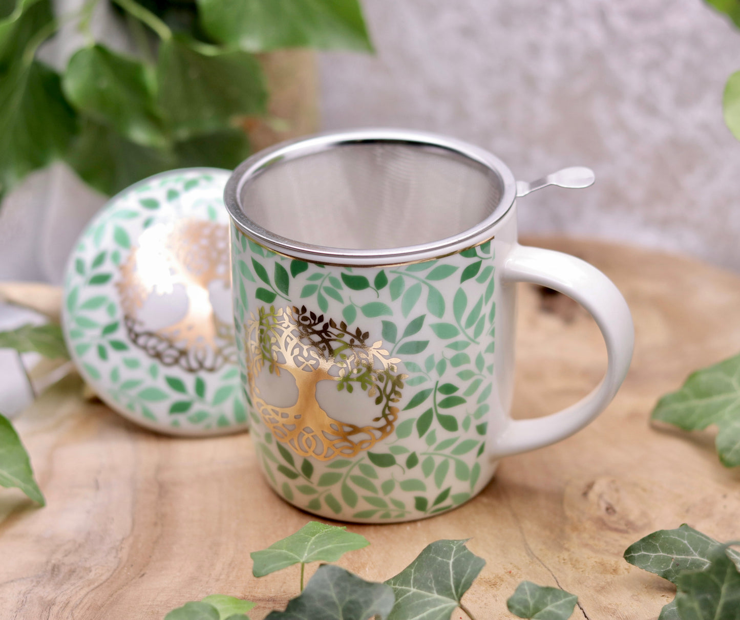 Lebensbaum Teetasse mit Sieb und Deckel Chenoas Zaubergarten