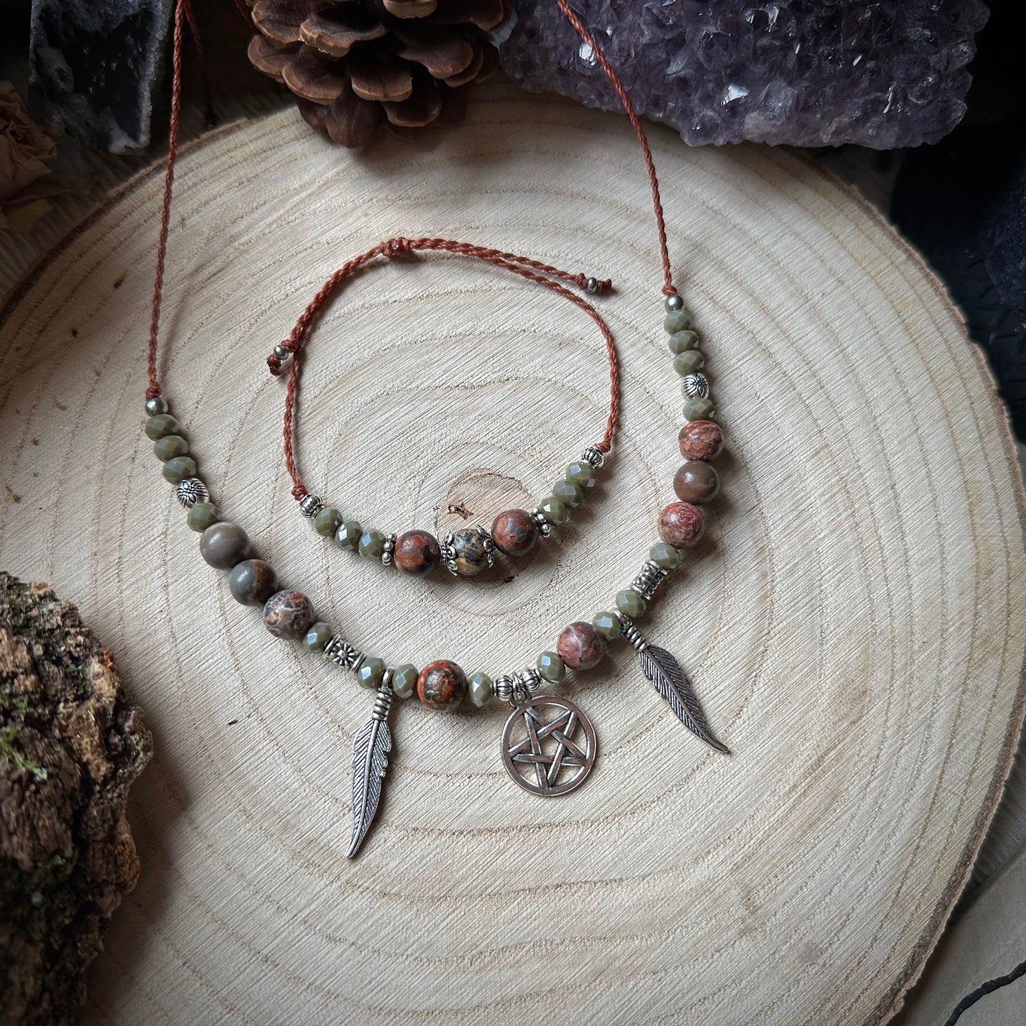 Hexen  Makramee Schmuck Set – Pentagramm, Feder & Picasso Jaspis