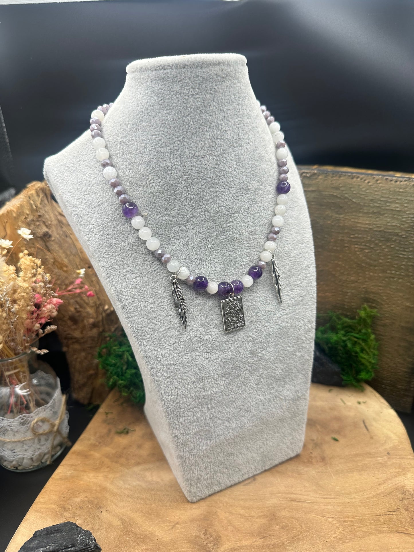 🌙 Mystische Tarot-Mond Kette – Amethyst & Mondstein- handgefertigtes Unikat