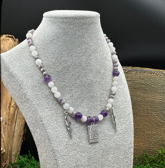 🌙 Mystische Tarot-Mond Kette – Amethyst & Mondstein- handgefertigtes Unikat
