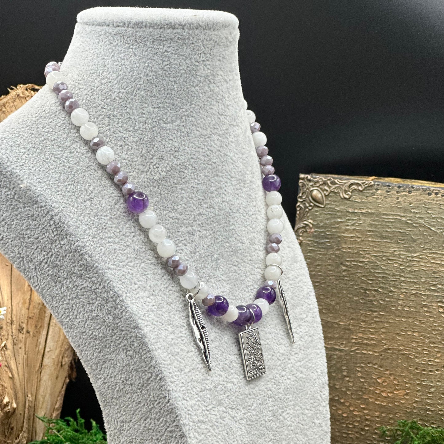 🌙 Mystische Tarot-Mond Kette – Amethyst & Mondstein- handgefertigtes Unikat