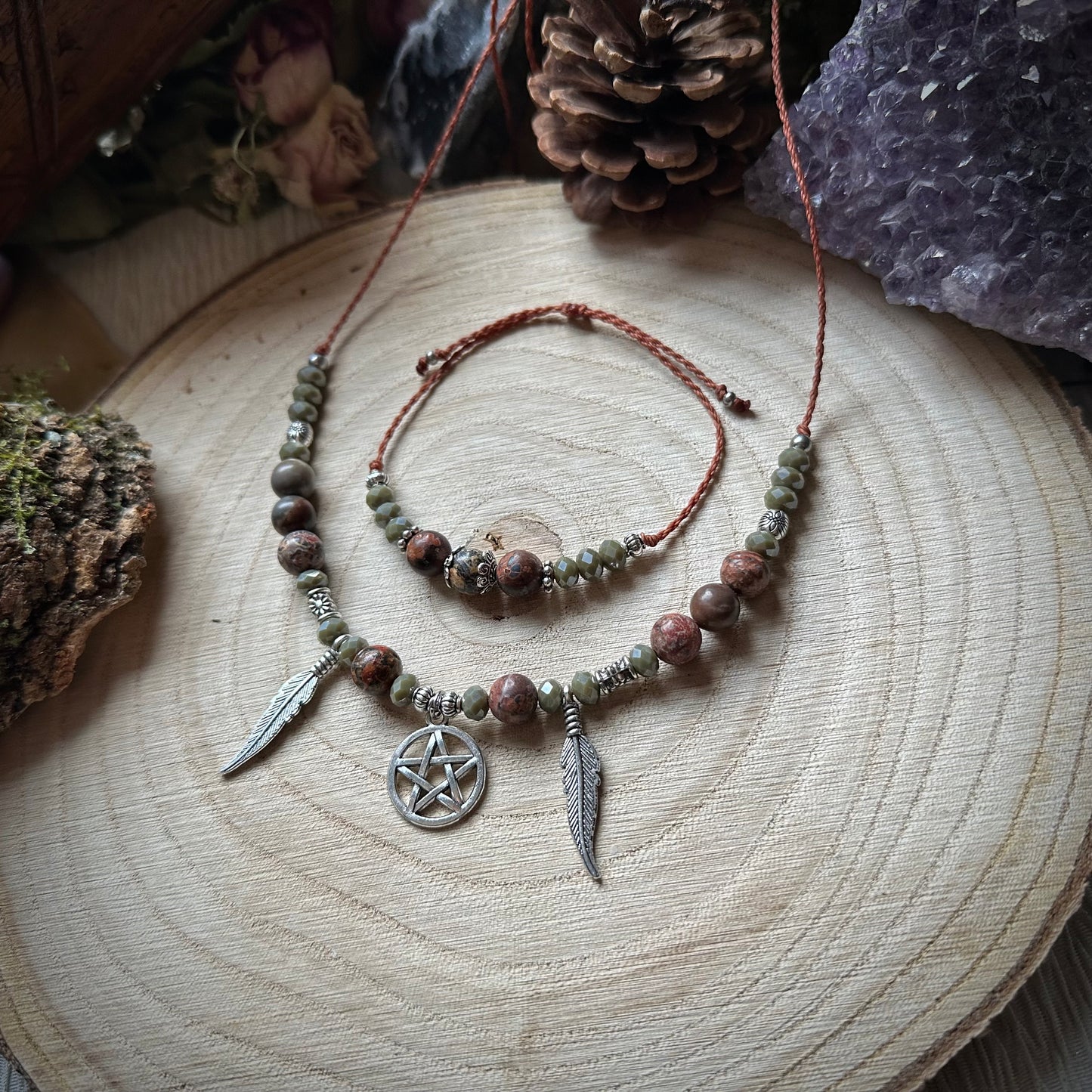 Hexen  Makramee Schmuck Set – Pentagramm, Feder & Picasso Jaspis