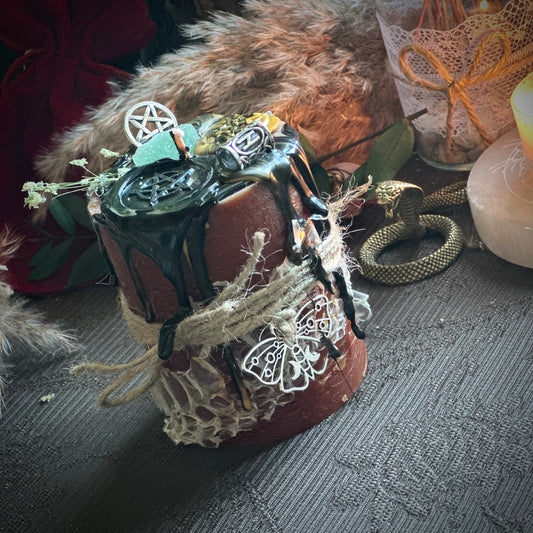 Krafttier-Ritualkerze/ Altarkerze „Schlange der Erneuerung“ mit echter Schlangenhaut und Ritualanleitung mit Zauberspruch