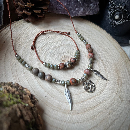 Hexen  Makramee Schmuck Set – Pentagramm, Feder & Picasso Jaspis