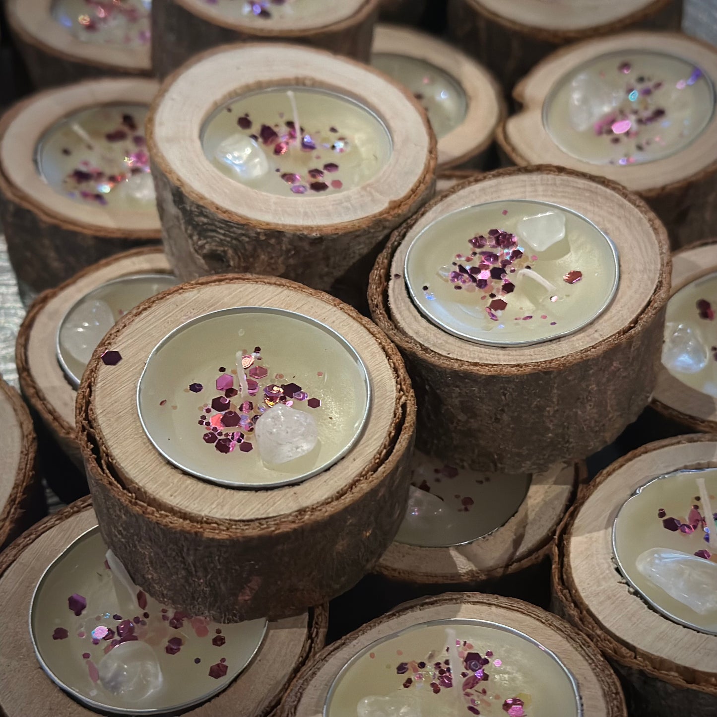 Kristall Baumscheiben Teelicht mit Elfen- Glitzer, Vanille und Bergkristall- Magischer Zauber