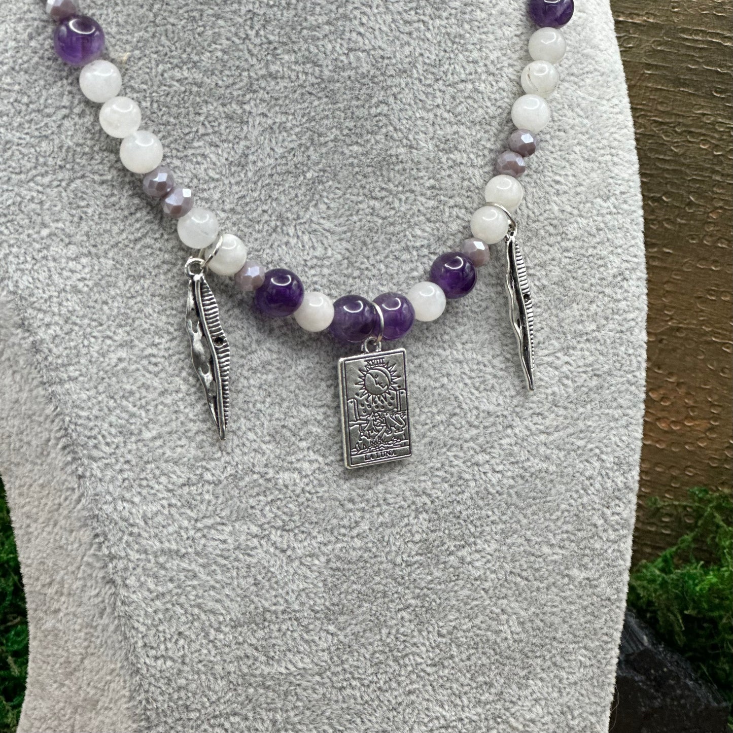 🌙 Mystische Tarot-Mond Kette – Amethyst & Mondstein- handgefertigtes Unikat