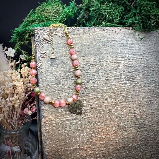 Mystisches Armband – Ouija-Planchette, Glas- & Acrylperlen in Rosé & Gold