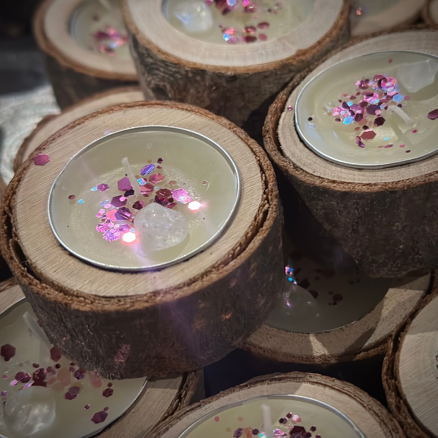 Kristall Baumscheiben Teelicht mit Elfen- Glitzer, Vanille und Bergkristall- Magischer Zauber