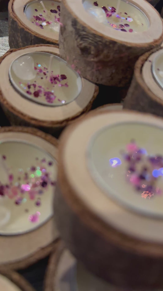 Kristall Baumscheiben Teelicht mit Elfen- Glitzer, Vanille und Bergkristall- Magischer Zauber